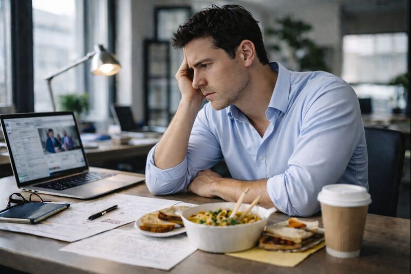 Energietief im Arbeitsalltag: Mann sitzt müde vor Laptop und Mittagessen im Büro- – typische Situation für Energieverlust und Konzentrationsabfall im Arbeitsalltag