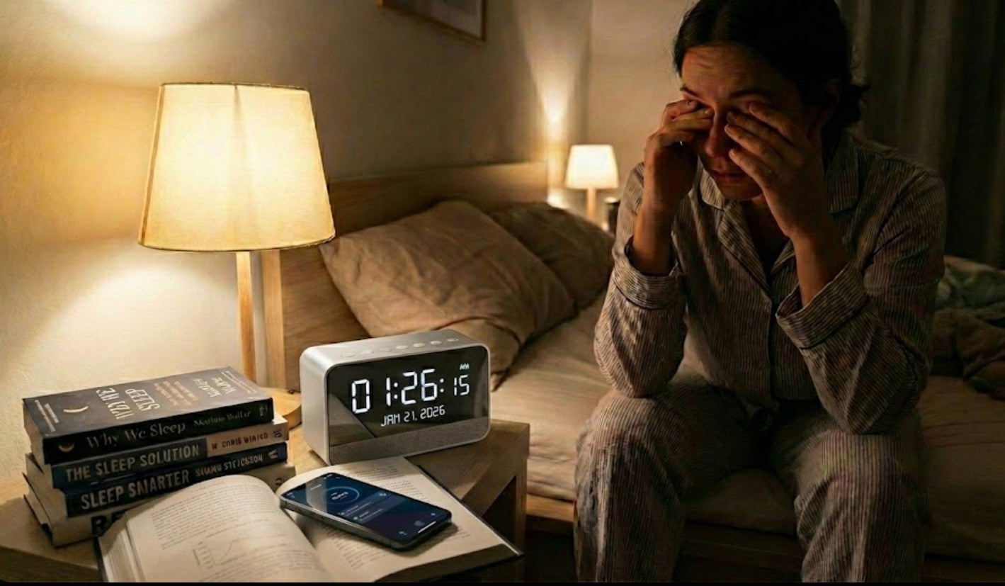 Müde Frau am Abend neben dem Bett – typische Situation bei Stress und Problemen mit der Schlafroutine
