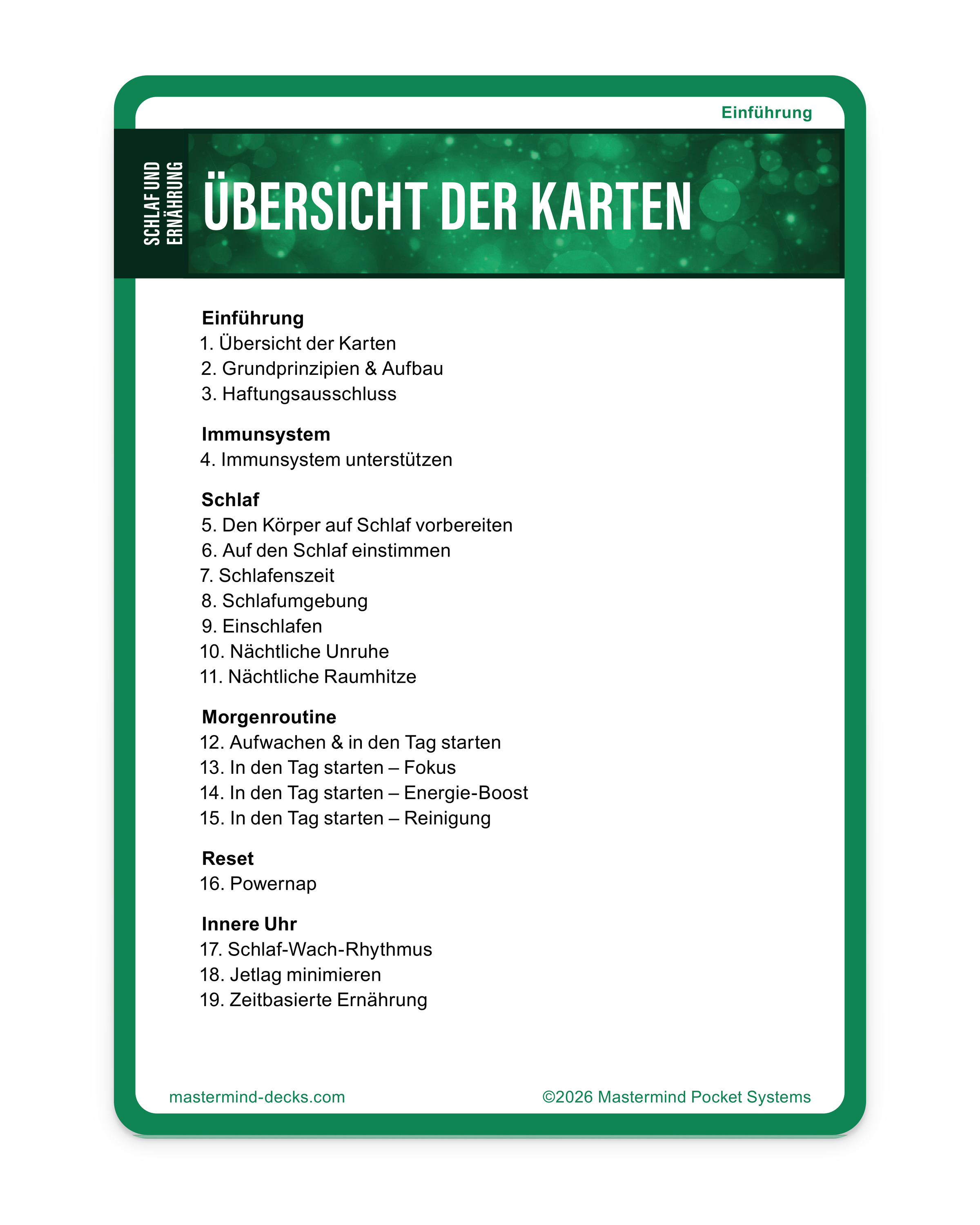 Kartendeck Schlaf & Ernährungsgewohnheiten: Übersicht der 42 Karten zu besser schlafen, Schlafrhythmus, Energie und gesunder Ernährung