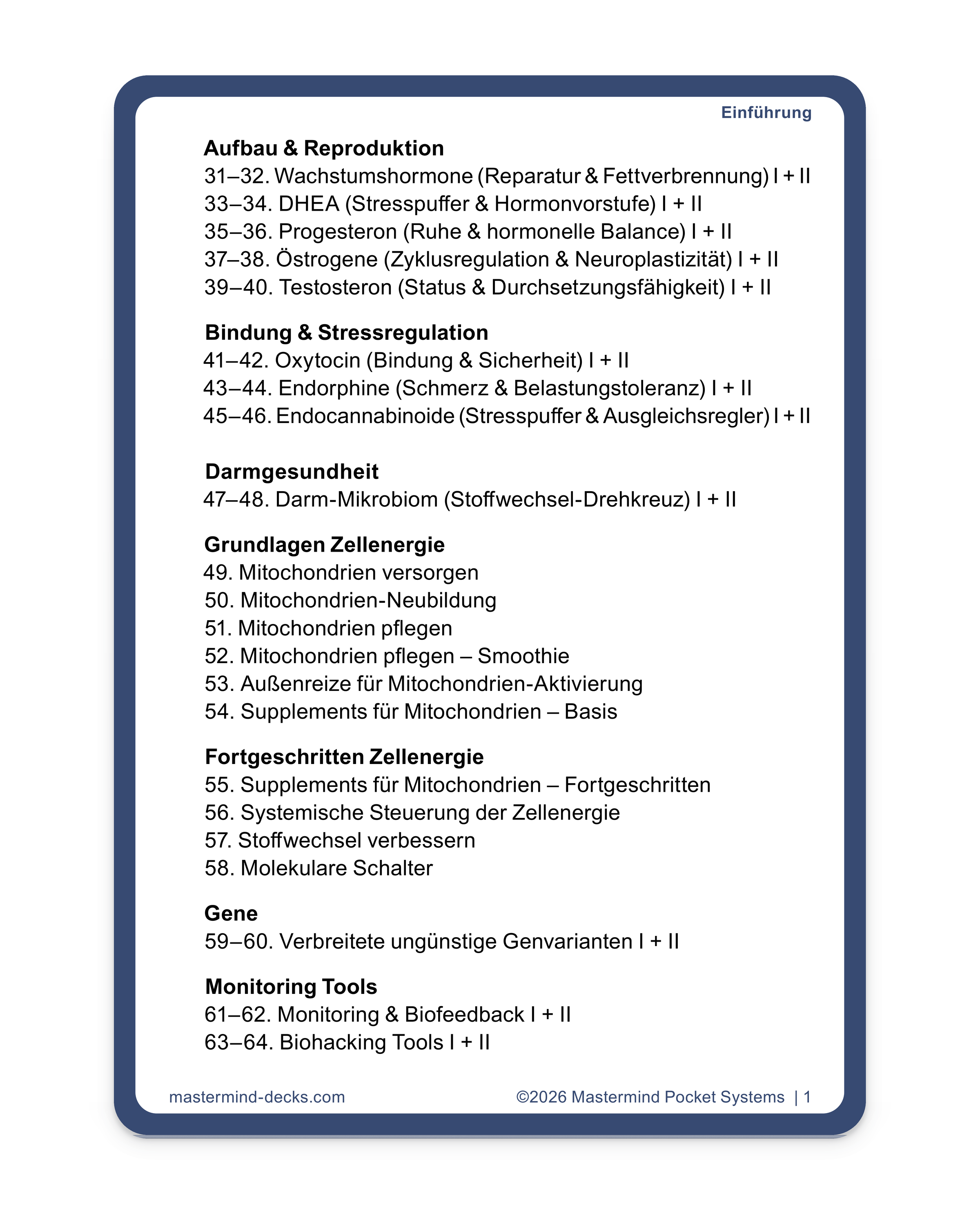 Kartenübersicht Teil 2: Aufbau und Reproduktion, Darmgesundheit, Mitochondrien, Gene, Monitoring und Biohacking im Deck Hormone & Zellenergie
