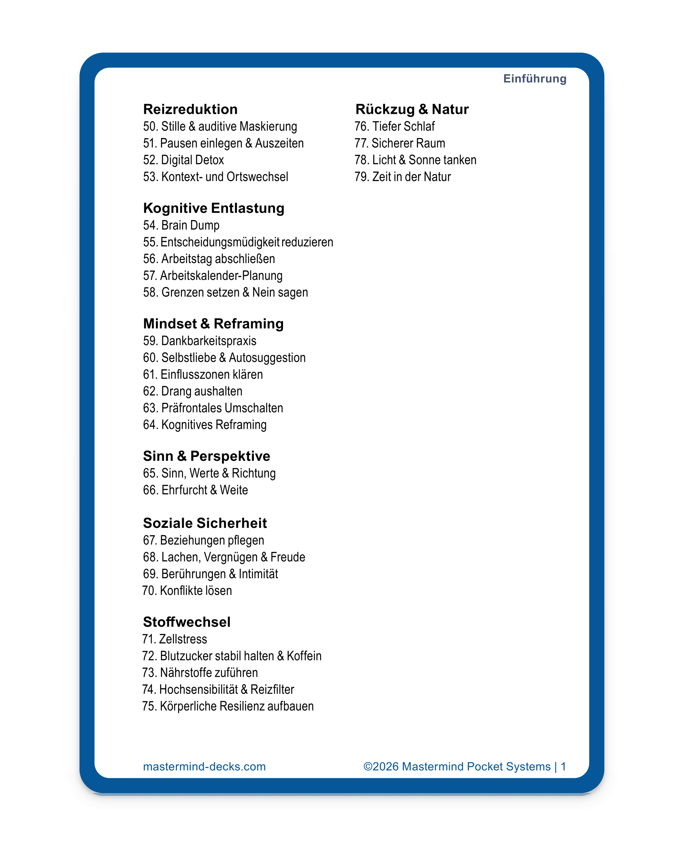 Kartenübersicht Teil 2 - Tipps gegen Stress: Reizreduktion, kognitive Entlastung, Reframing, soziale Sicherheit, Stoffwechsel, Schlaf und Natur

