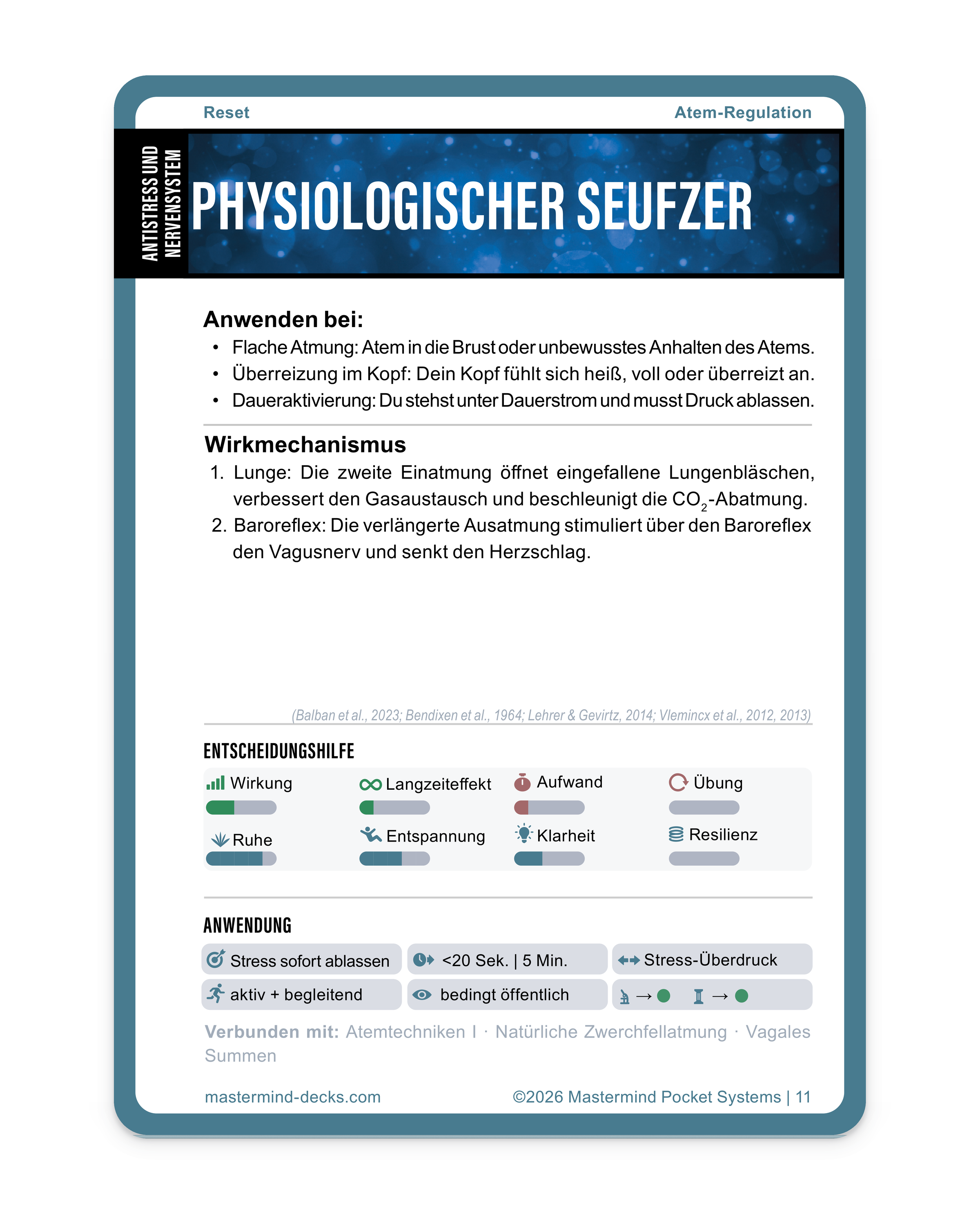 Karte Physiologischer Seufzer: Technik aus dem Bereich Atemregulation und Entspannung – passende Situationen, Wirkmechanismus und Einordnung.
