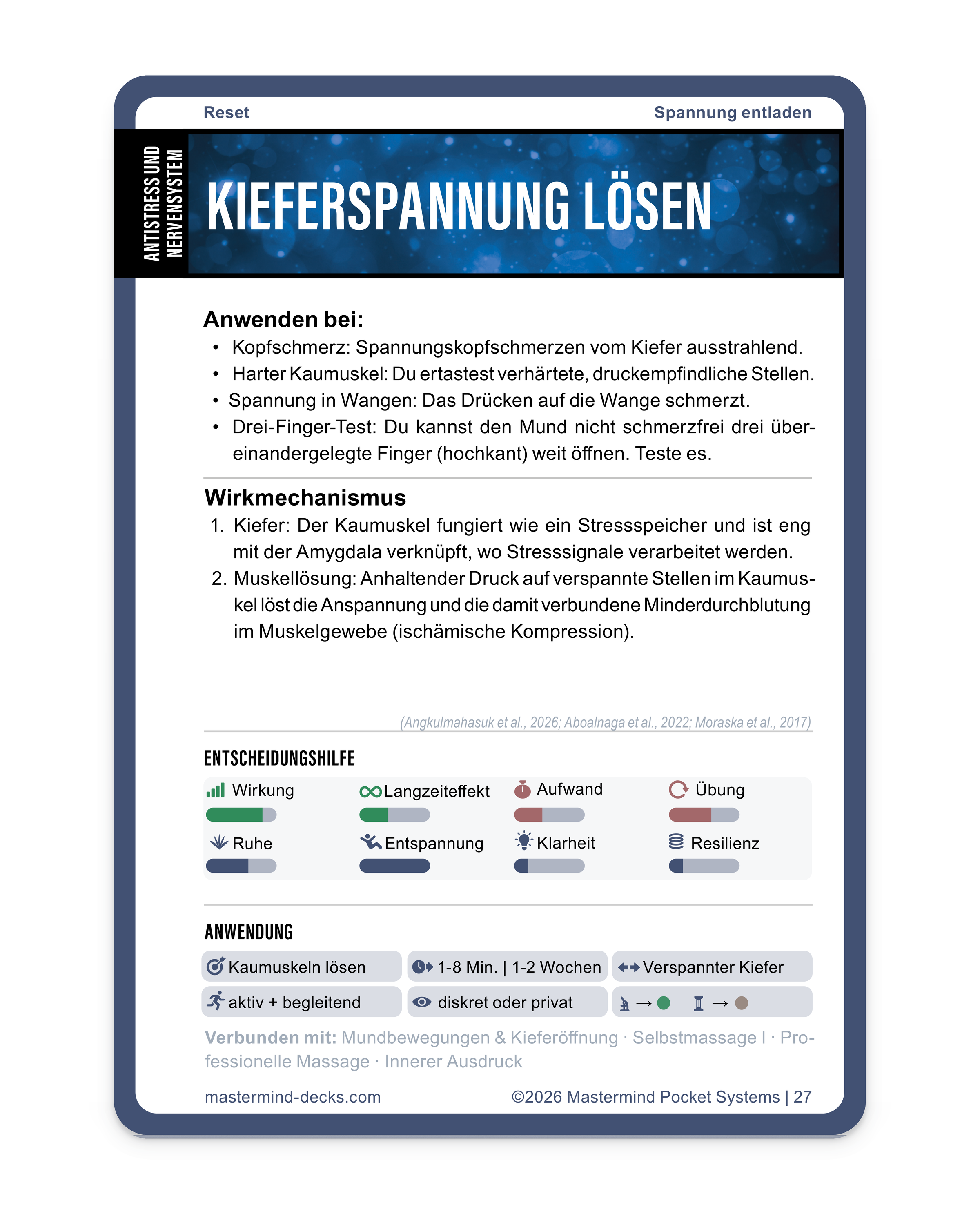 Karte Kieferspannung lösen: Technik aus dem Bereich körperlichen Spannungsabbau – passende Situationen, Wirkmechanismus und Einordnung.