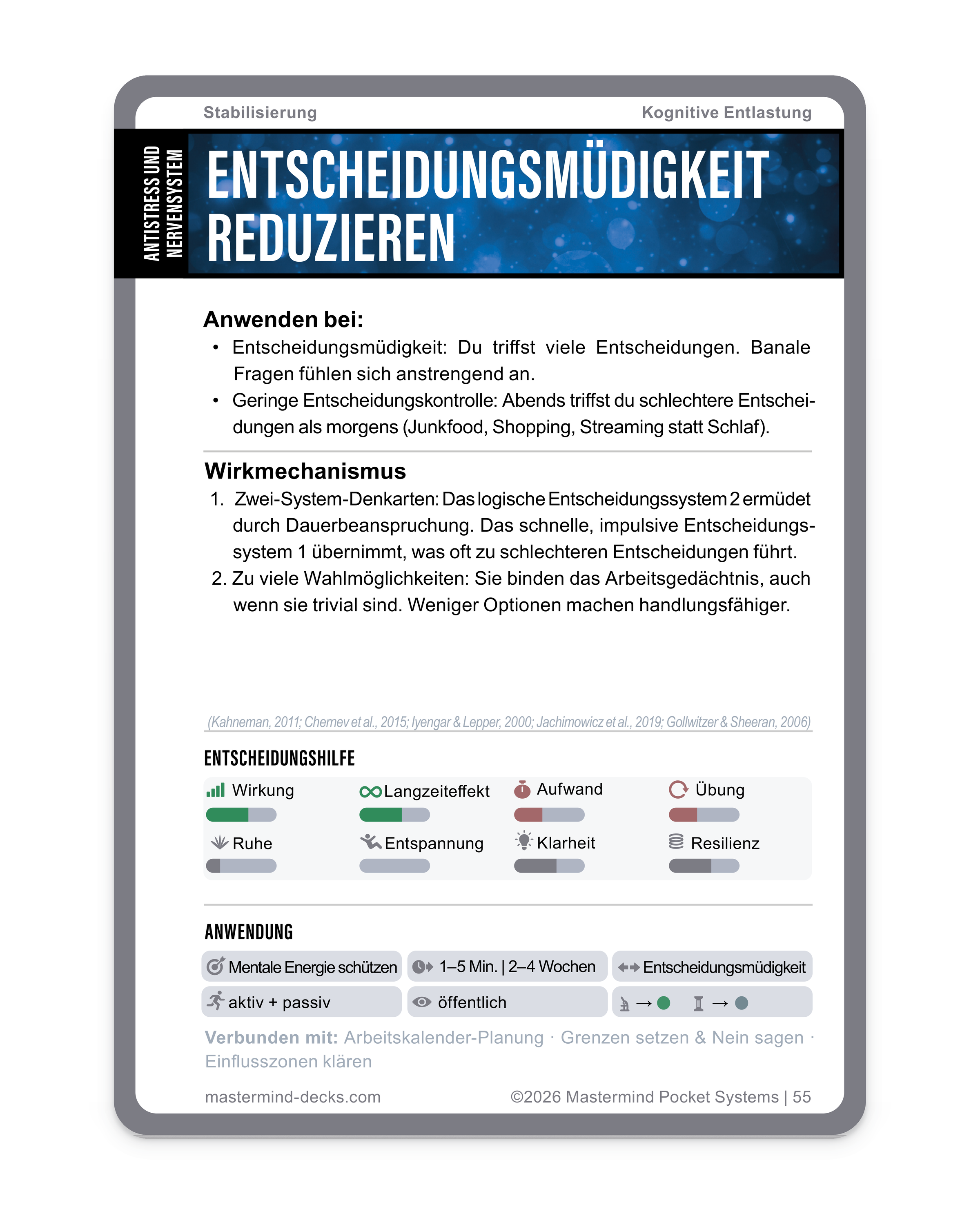 Karte Entscheidungsmüdigkeit reduzieren: Technik aus dem Bereich kognitive Entlastung und klare Grenzen – passende Situationen, Wirkmechanismus und Einordnung.
