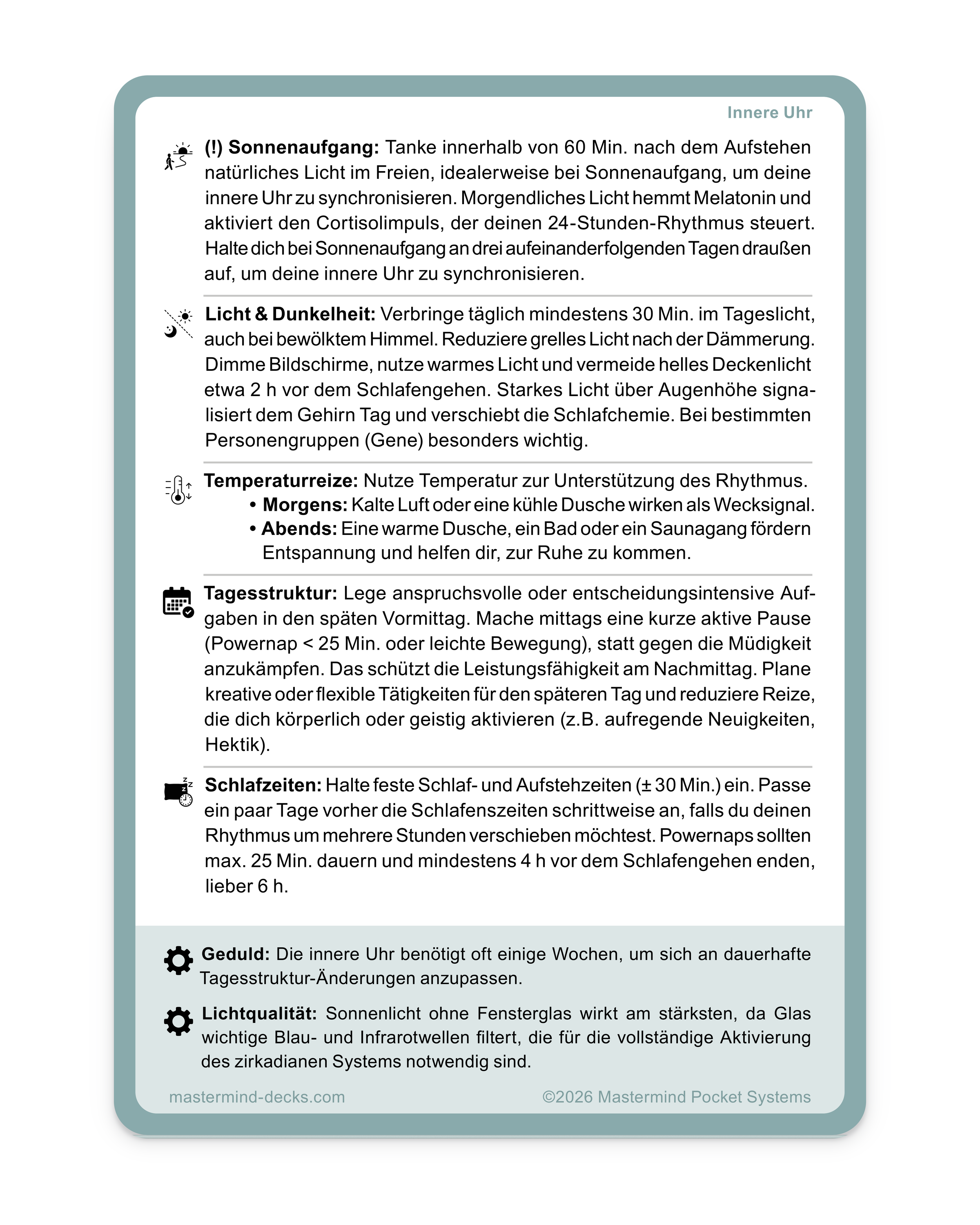 Innere Uhr synchronisieren: Morgenlicht bei Sonnenaufgang, Lichthygiene am Abend, Temperaturreize, feste Schlafzeiten für innere Uhr