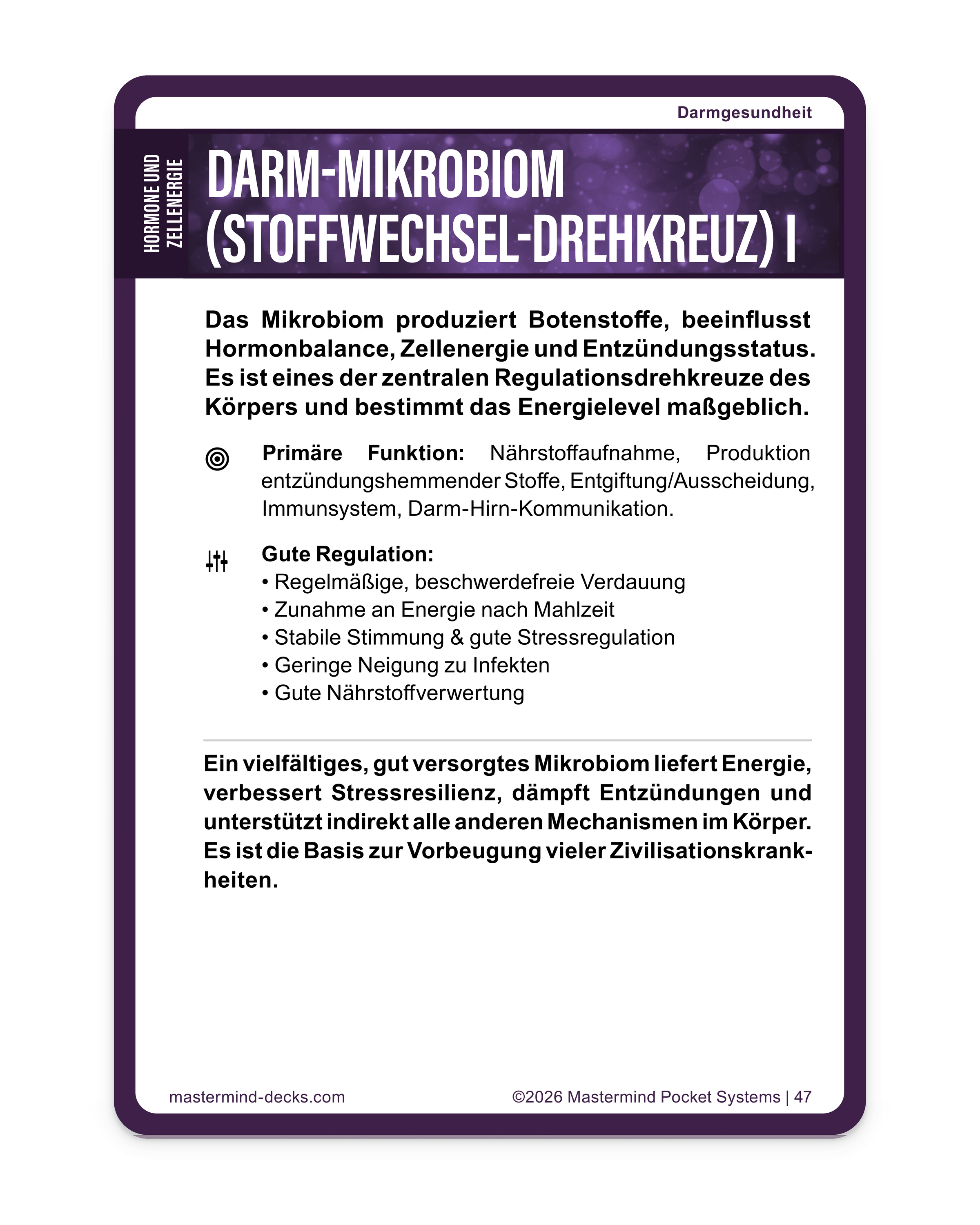 Karte Darm-Mikrobiom I: Darm-Mikrobiom für Nährstoffaufnahme, Stoffwechsel und Darm-Hirn-Kommunikation – Funktion, Regulation und wichtige Zusammenhänge.