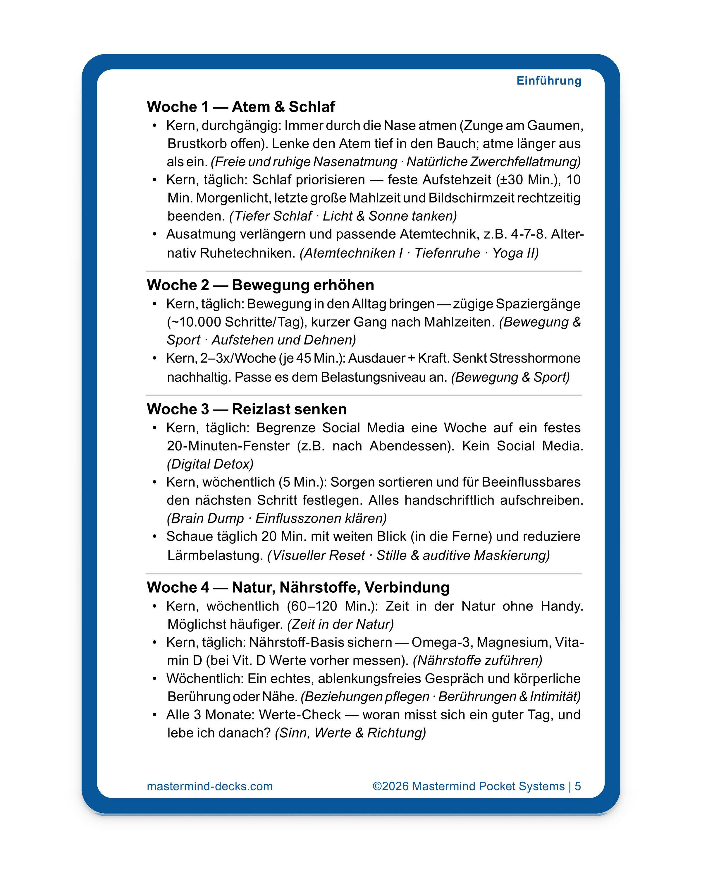 4-Wochen-Blueprint – Rückseite: Wochenplan mit Kernroutinen zur Cortisol-Regulation mit festem Plan für 4 Wochen mit Atemregulation, Bewegung, Entlastung und Erholung. Ganzheitlich, einfach, hoch wirksam.