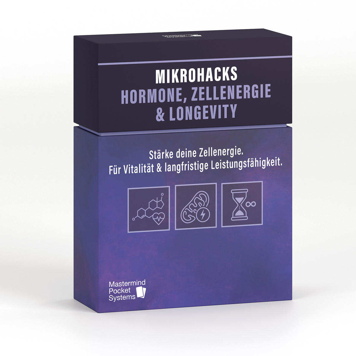 Mikrohacks Kartendeck Hormone, Zellenergie und Longevity von Mastermind Pocket Systems, violette Box mit Deckel
