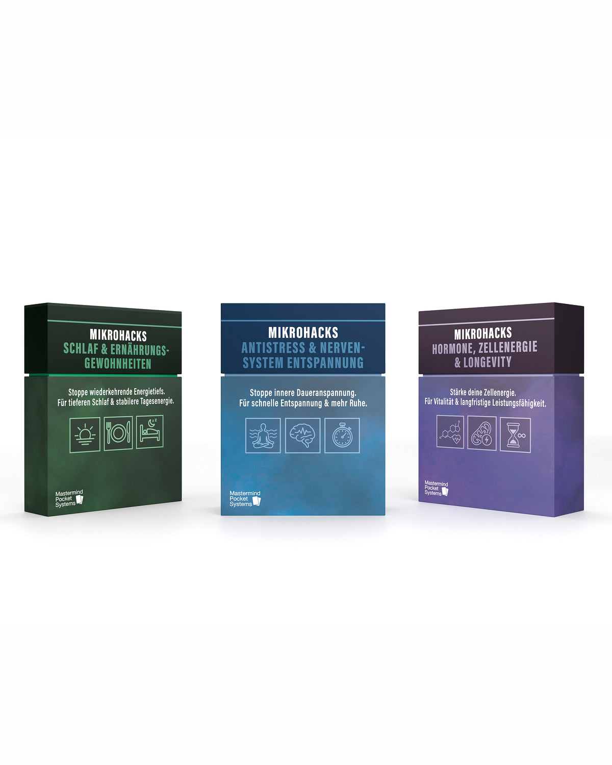 Komplettset der drei Mikrohacks Kartendecks: Schlaf und Ernährung, Antistress und Nervensystem, Hormone und Longevity