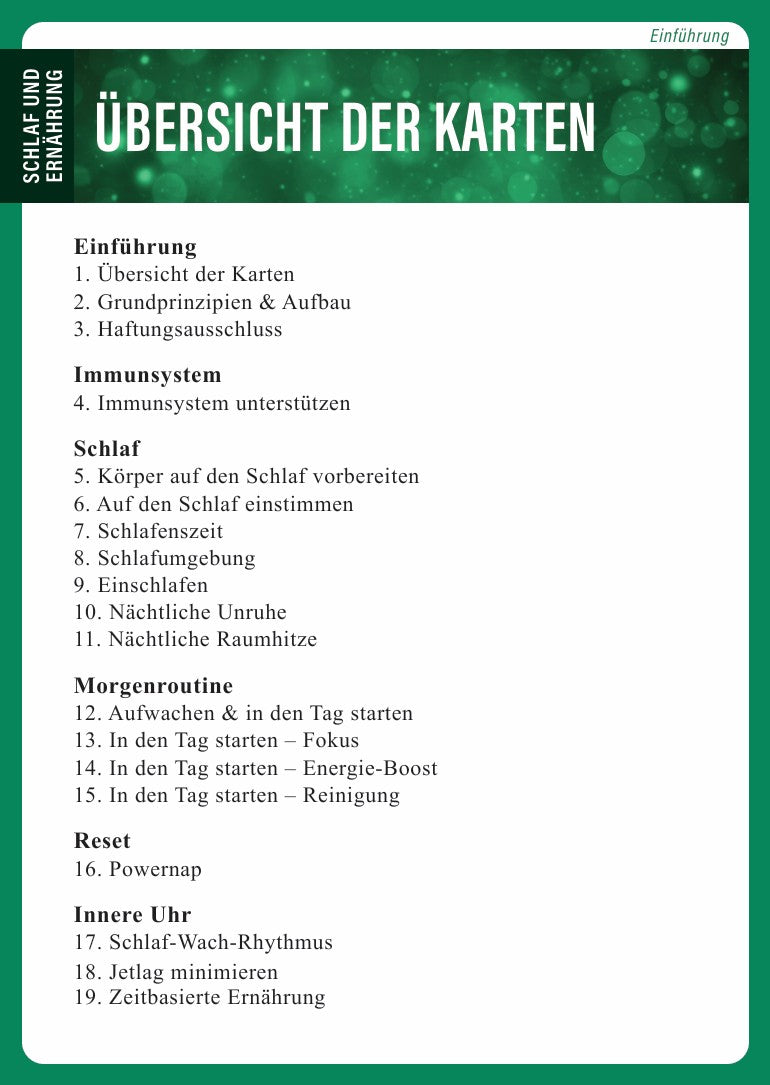 Übersicht der Themen – Kartensystem für Schlaf, Ernährung, Energie und Regeneration
