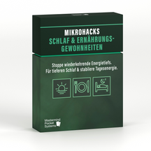 Mikrohacks Kartendeck Schlaf und Ernährungsgewohnheiten von Mastermind Pocket Systems, grüne Box mit Deckel