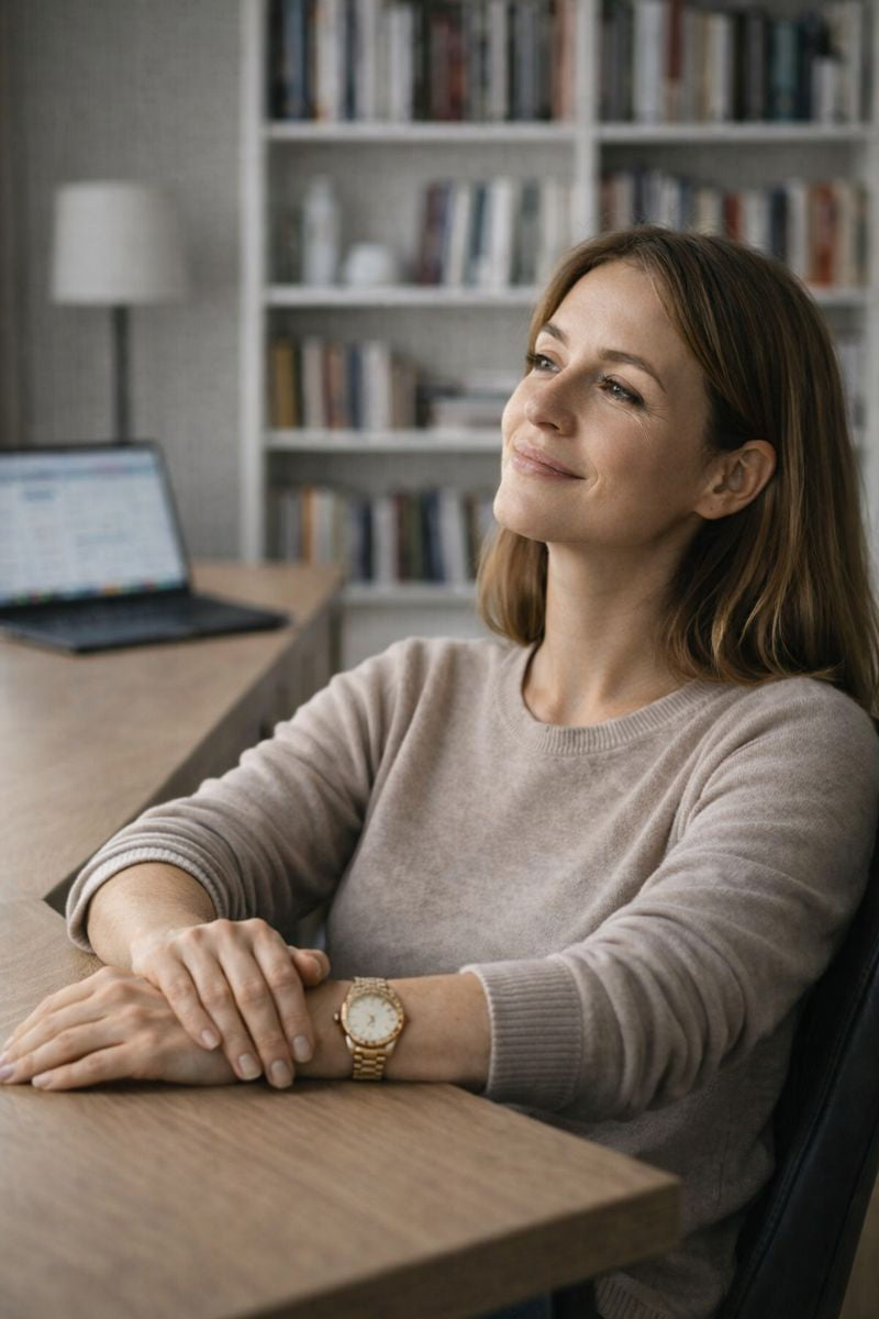 Frau im Büro spart Zeit beim Lernen durch strukturierte Gewohnheiten statt lange Bücher zu lesen